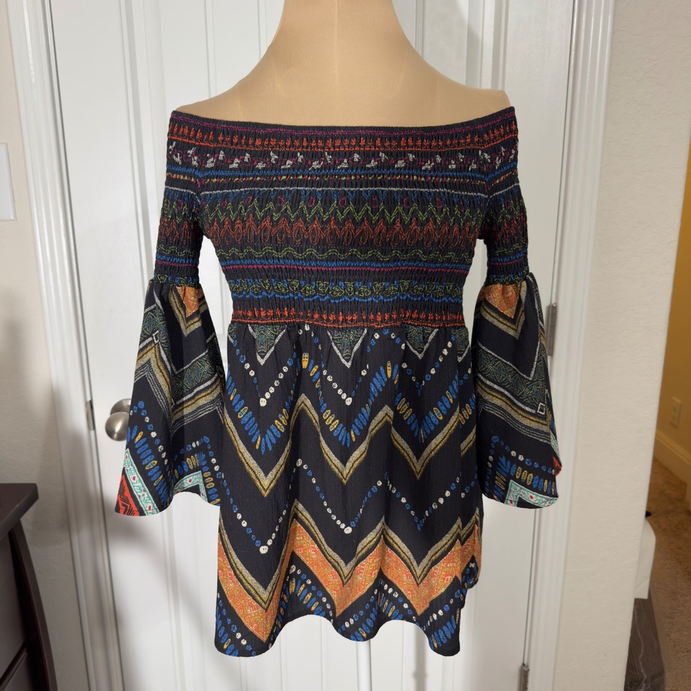 3390 | Flying Tomato Boho Smocked Bell Sleeve Off Shoulder Top Black Multi S